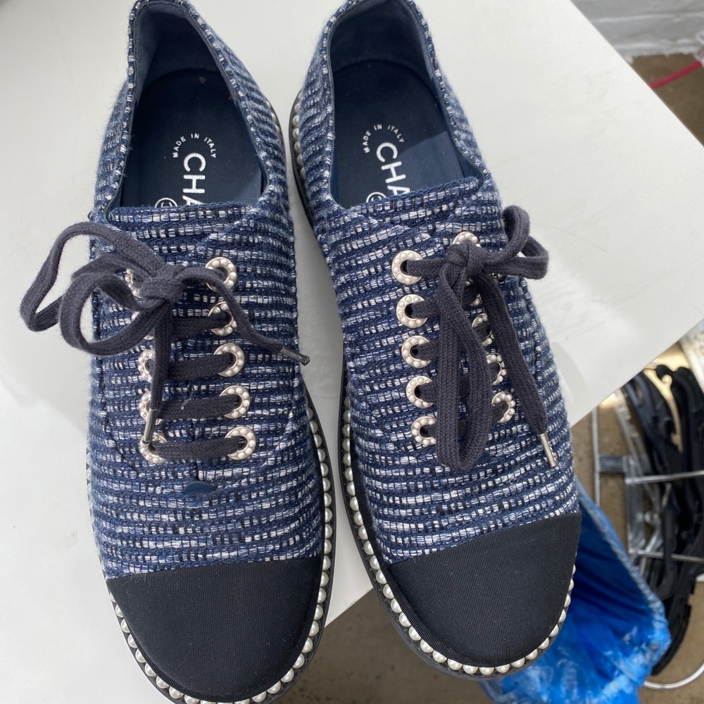 Chanel Navy and Black & Tweed & Faux Pearl Sneakers